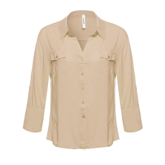 FashionOutfit Women's Basic Button Down Blouse w/ Ribbed Sides