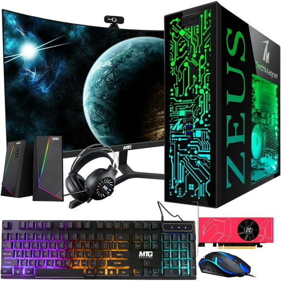 Restored TechMagnet Gaming Desktop PC,Intel i5 6th Gen,Zeus Pro 6,AMD RX 6400,16GB RAM ARGB,256GB SSD + 1TB HDD 24 Inch Curved Monitor,RGB Kit,Windows 11 Pro