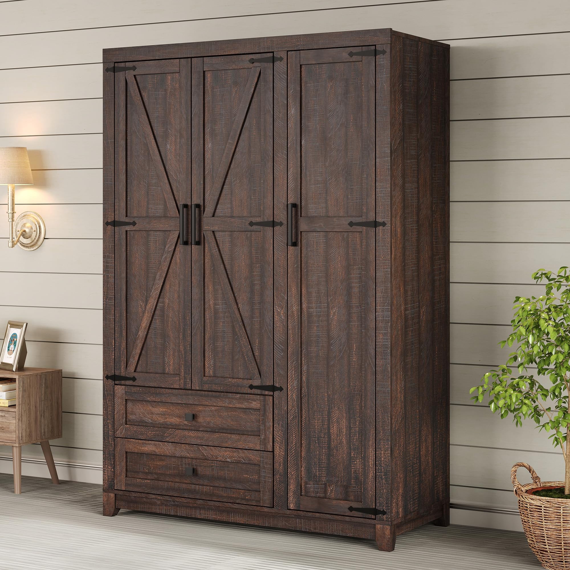 Hodedah Two Door Wardrobe with 2 Drawers and Hanging Rod, Brown