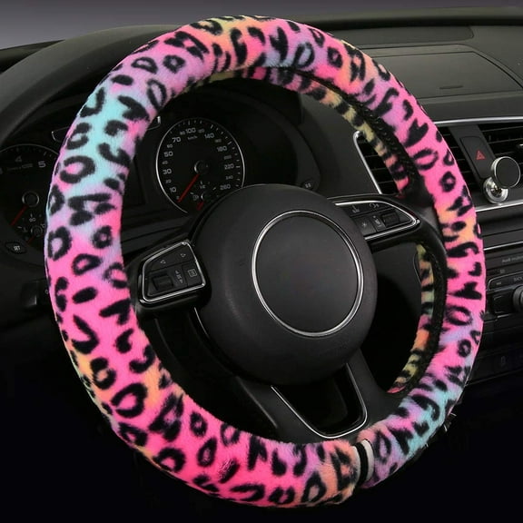 Fluffy Steering Wheel Cover for Women, Fuzzy Steering Decor, Plush, Leopard Print, Sweat-Absorb, Universal 15 Inch
