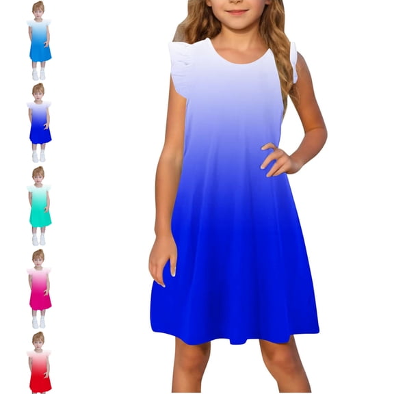 SGFCWSX Girls Ruffle Sleeve Dress Gradient Print A-Line Crew Neck Summer Casual Dresses for Kids Dark Blue Size 11-12 Years