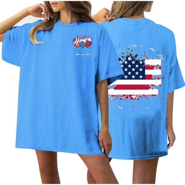 Camiseta de Cuello Redondo Impresa Delantera Y Trasera Del Día de la Independencia de las Mujeres, Tops Cortos Casuales para las Mujeres