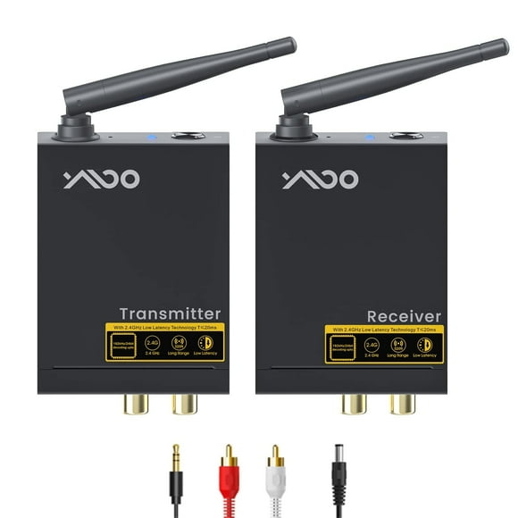 YMOO Receptor transmisor de audio inalámbrico de 2,4 GHz, audio HiFi de 48 kHz/24 bits, latencia ultrabaja de 20 ms, adaptador de conector RCA de largo alcance de 320 pies para altavoz/barra de sonido