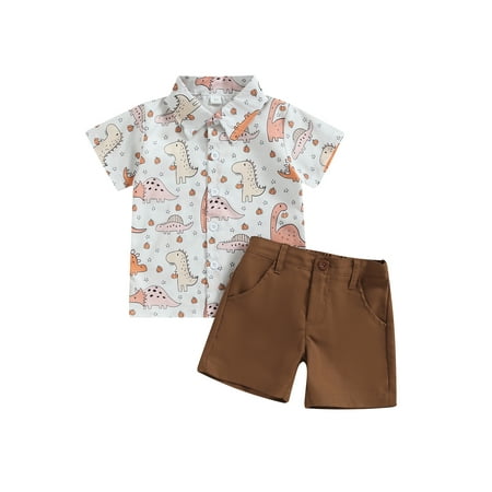 

Qtinghua 2Pcs Toddler Baby Boys Halloween Outfits Short Sleeve Dinosaur & Pumpkin Print Button Up Shirt+Shorts Summer Clothes Brown 12-18 Months