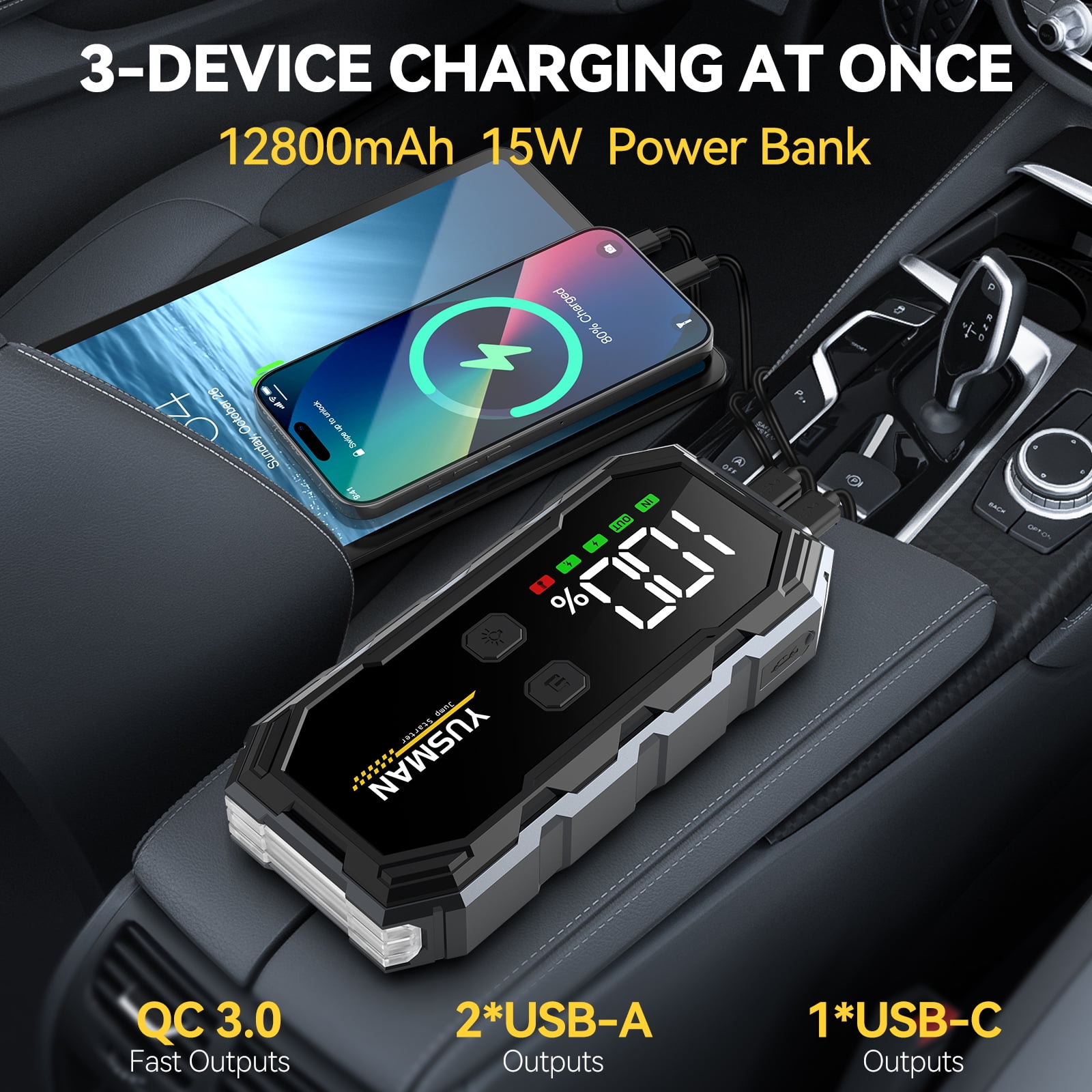 YUSMAN Car Jump Starter, 4000A 12V Jump Battery Pack (8.0 Gas/6.0L Diesel), Portable Jump Starter with Display, Smart Jumper Cables, Quick Charge 3.0, LED Light Emergency