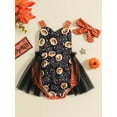 thumbnail image 4 of Yunliwuli Baby Girls Rompers Dress Halloween Clothes Pumpkin Owl Print Tulle Skirt Hem Straps Sleeveless Toddler Bodysuits with Headband, 4 of 10