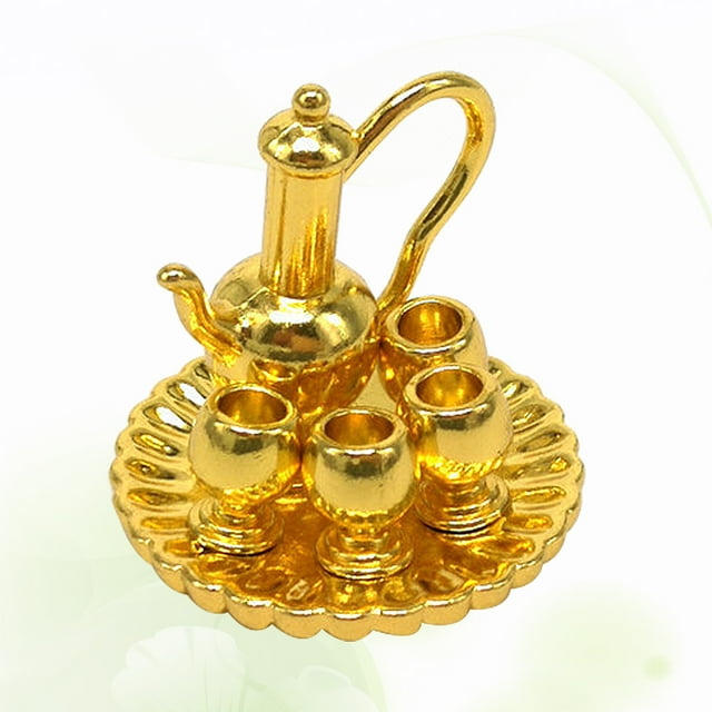 Raindrops 1Set Golden Alloy Tea Set Model with Circular Disc Shape for Children and Friends Desktop Decoration