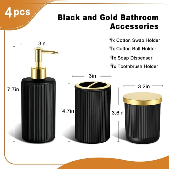 4-Piece Matte Black & Gold Bathroom Set - Ribbed Glass Soap Dispenser, Toothbrush Holder & 2 Qtip Holders