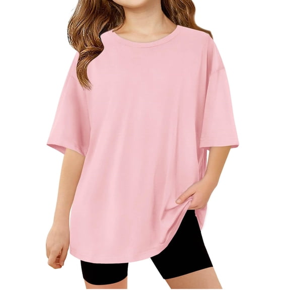 Summer Solid Color Girls Loose T-shirt Oversize Kids Children Short Sleeve T-shirt for 5-14 Years