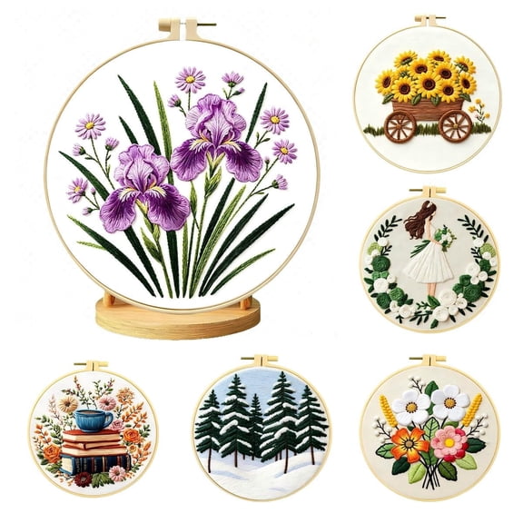 Rirozkan Embroidery Kit, Iris Flower Stitching Set with 8-inch Hoop, Scissors, Threader, Cross Stitch Supplies for Beginners, DIY Craft for Living Room Wall Art
