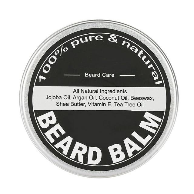 beard grooming balm mustache care mens beard grooming balm mustache moisturizing wax shaving care 60g anggrek no Centered top-down view of a round silver metal tin with a black label reading "BEARD BALM" and an ingredient line listing jojoba oil, argan oil, coconut oil and vitamin E; screw-top rim visible on white background, 60 g grooming wax for styling and moisturizing facial hair, suitable for taming mustache hairs.