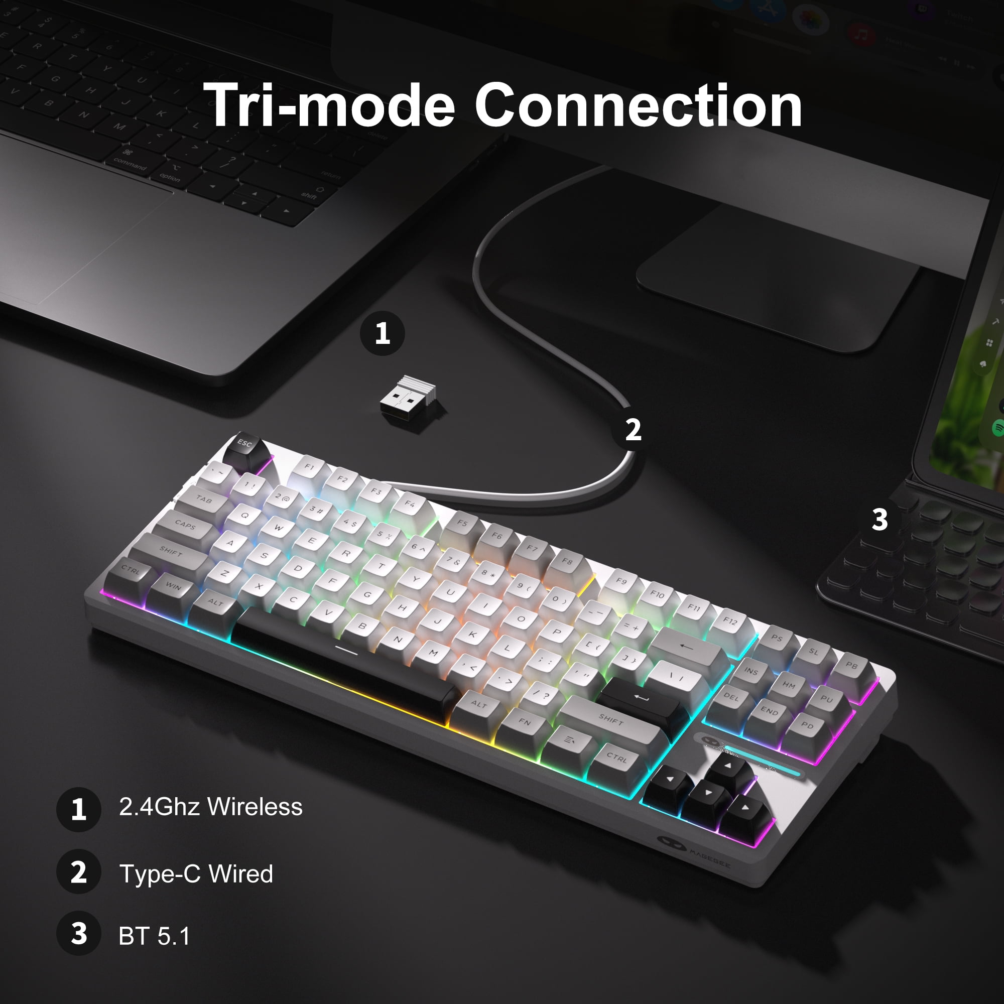 MageGee LIGHT87 Wireless Creamy Keyboard, Gasket Structure, RGB Backlit, 2.4G/USB-C/BT5.0 Hot Swappable 8000mAh