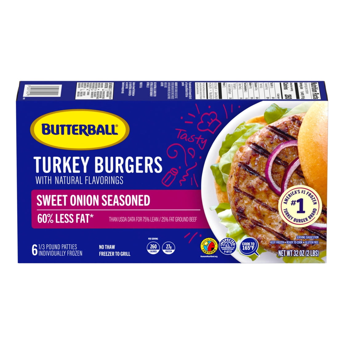 Butterball Frozen Turkey Burgers, Sweet Onion Seasoned, 1/3 lb Patties