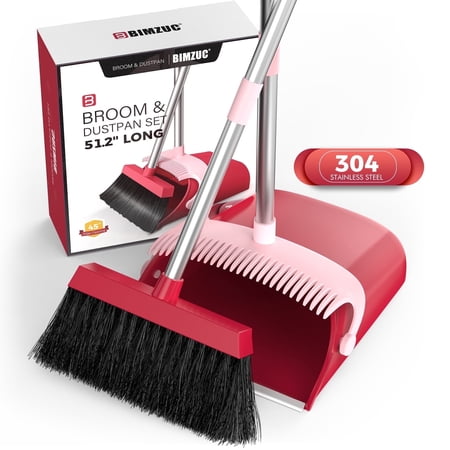 bimzuc broom and dustpan set for home, 51" long handle dustpan w/comb, broom & dustpan, rose red
