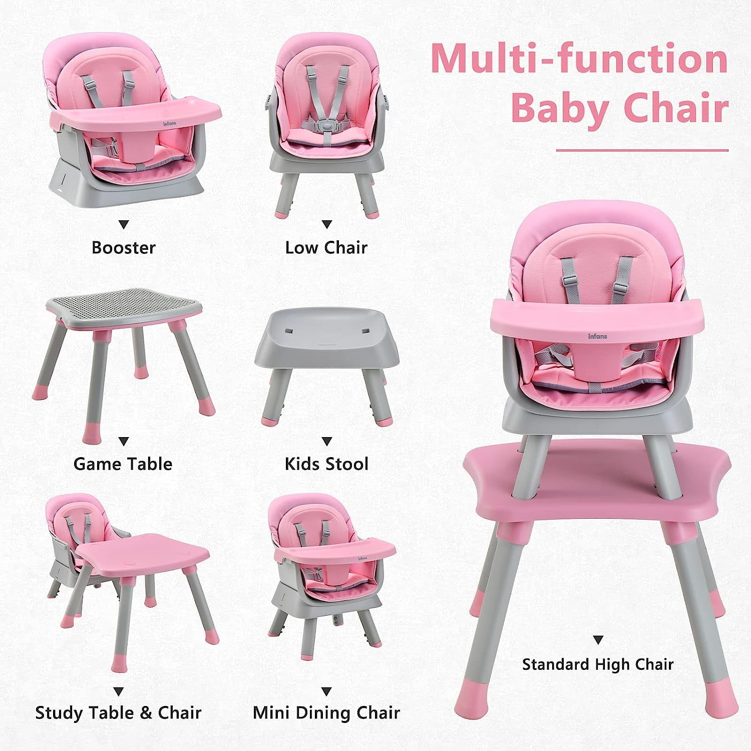 INFANS 8 in 1 Baby High Chair, Convertible Highchair for Babies and Toddlers, Infant Dining Booster Seat, Building Block Table, Kids Stool Table Chair Set with Removable Tray (Pink)