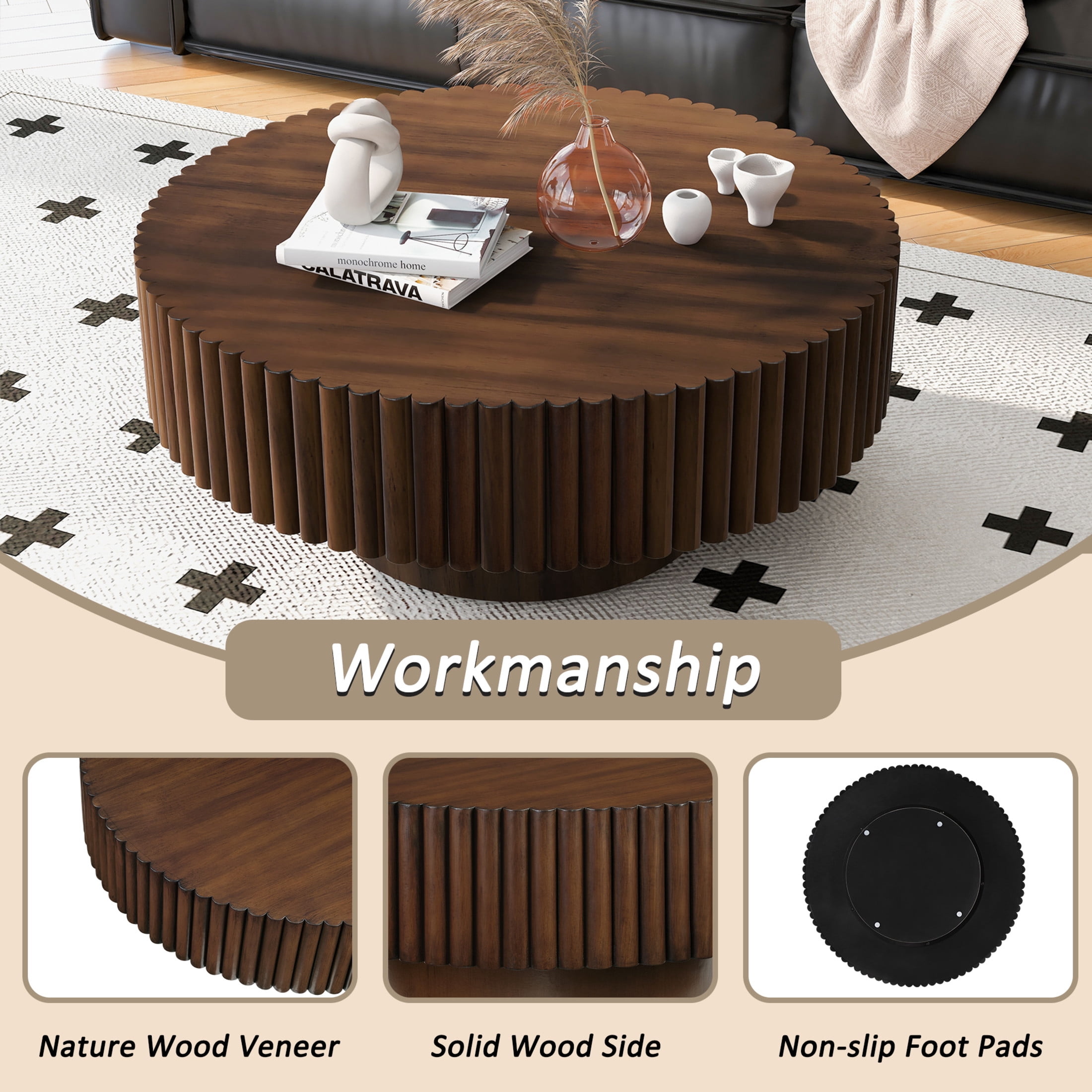 Noble House 31.5" Round Fluted Drum Coffee Table, Solid Wood Modern Center Table for Living Room, Walnut