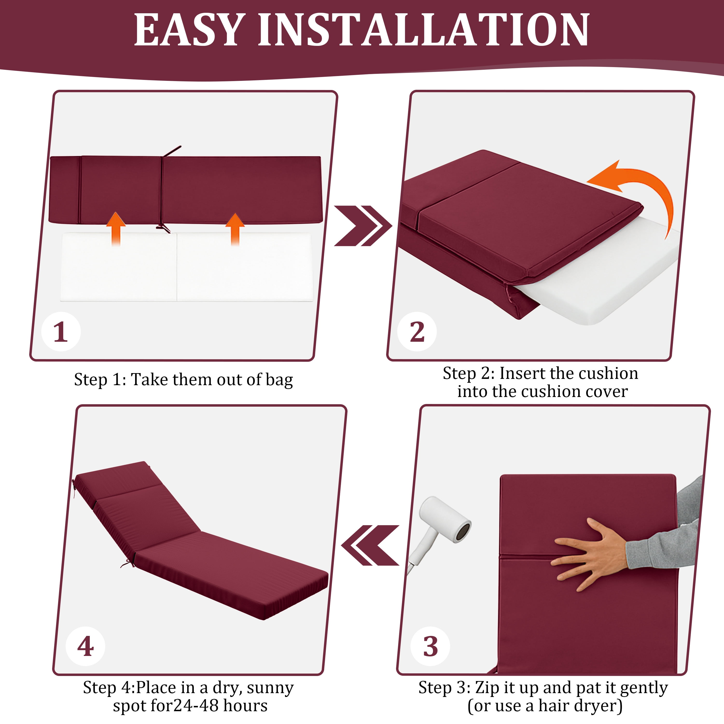Pakunoda Chaise Lounge Cushions 80" x 26" x 4" Outdoor High-Density Foam Patio Furniture Lounger Replacement Cushions with Zipper Ties Water-Resistant for Pool, Burgundy