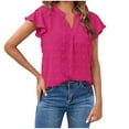 thumbnail image 2 of Otntypg Women Summer Notch V Neck Ruffle Short Sleeve Chiffon Blouse Casual Solid Color Swiss Dot Flowy Shirt Tunic Tops Loose Fit T-Shirt Hot Pink L, 2 of 10
