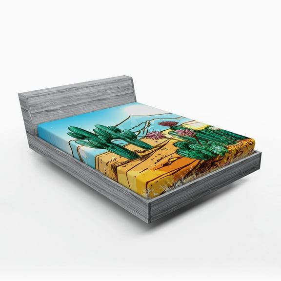 Ambesonne Cactus Fitted Sheet, Cartoon Vector Design, Queen Size, Multicolor