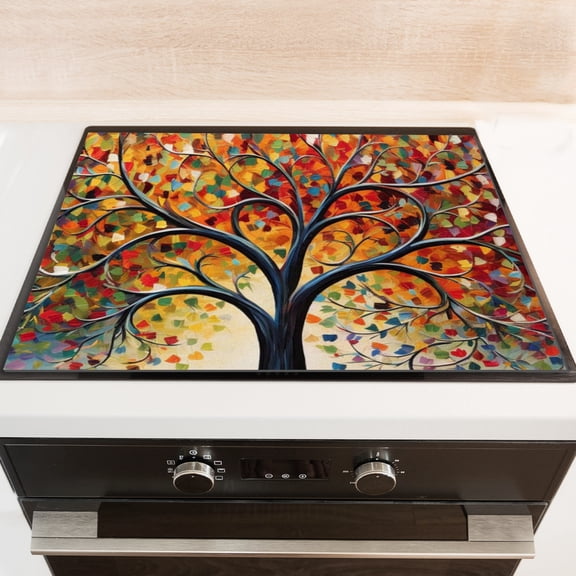 Stove Top Cover For Gas Stove, Abstract Tree of Life Non-Slip Heat Resistant Ceramic Stovetop Cover, Washable Foldable Decorative Mats for Kitchen RV (28×20 Inch)