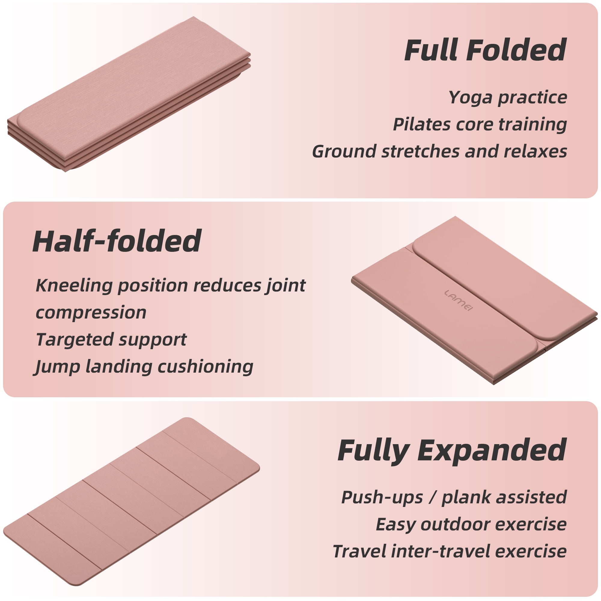 Lamei Foldable Yoga Mat, 31" Extra Wide Non-Slip Exercise Mats for Home Workout, 75" Long, 8mm Thick,Lightweight Travel, Quick Unfold/Fold, Flat Lay No Curl(Pink)
