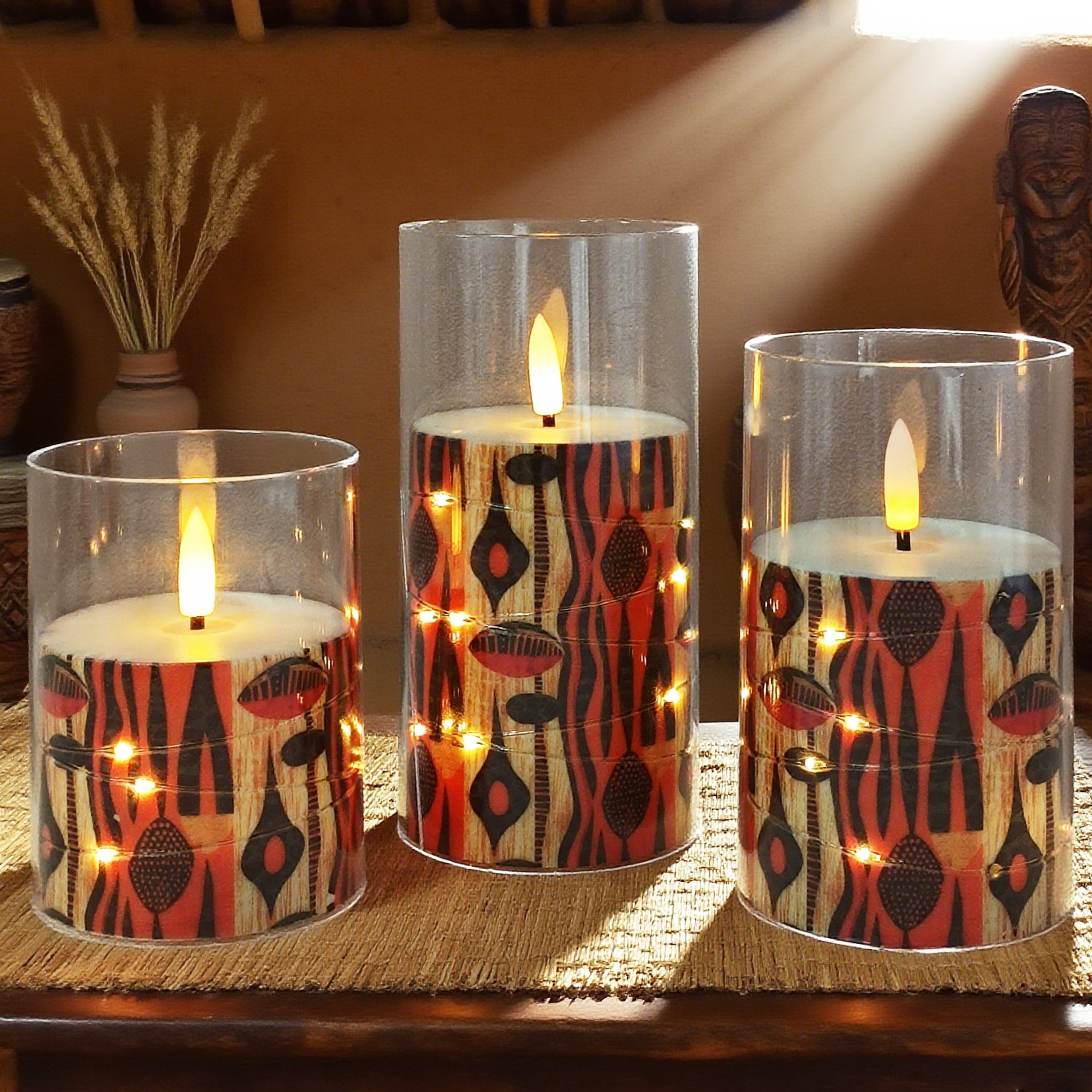 Flameless Candles with String Lights LED Candle Battery Operated Candles with Remote Control,Printed Pillar LED Candles for Wedding Holiday Party Table Home Decorations,Set of 3