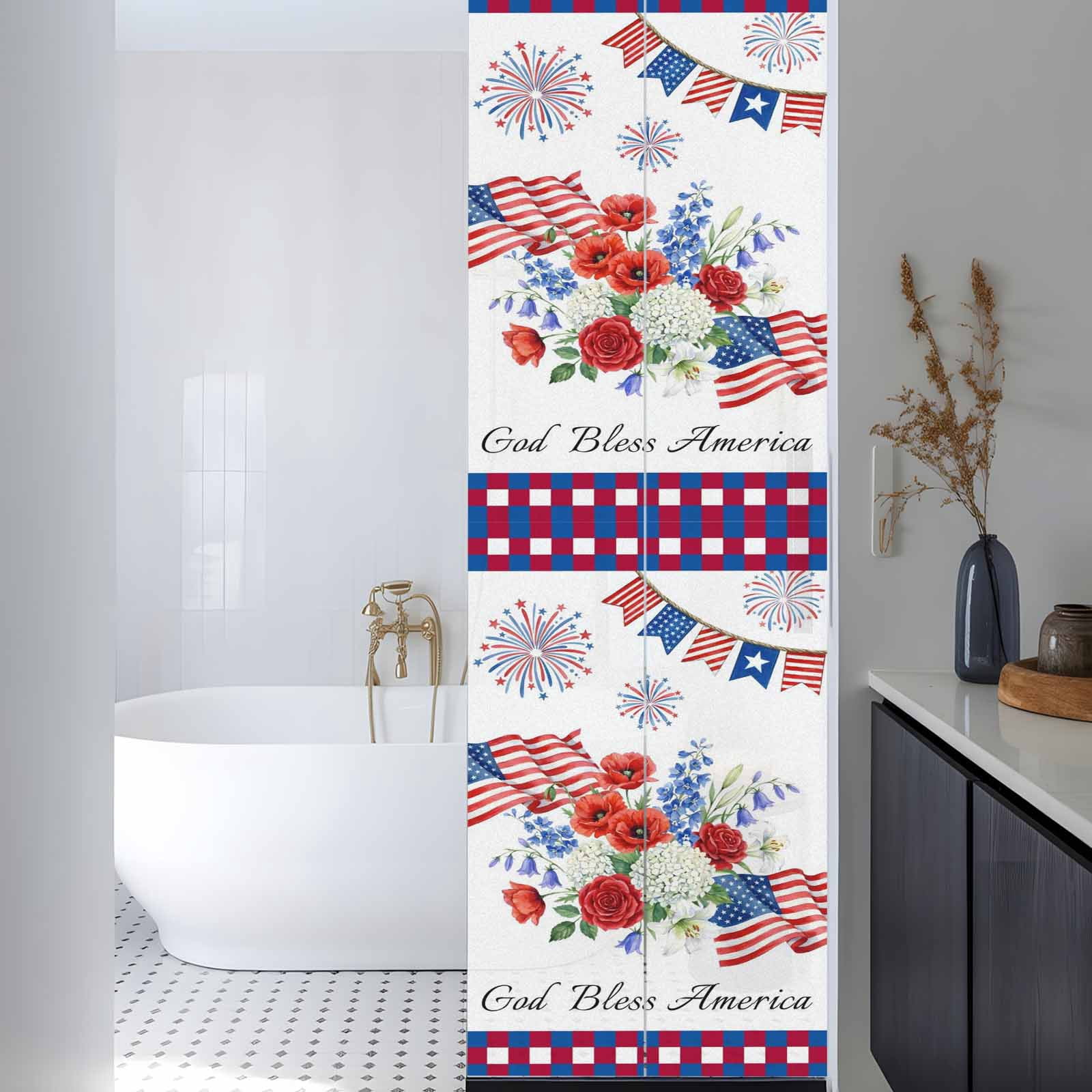 Independence Day Window Privacy Film, Red Blue USA Flag Floral Fireworks Frosted Glass Window Clings Static Cling UV Heat Blocking Reusable Door Sticker for Bathroom 23.6 x 78.7 Inch