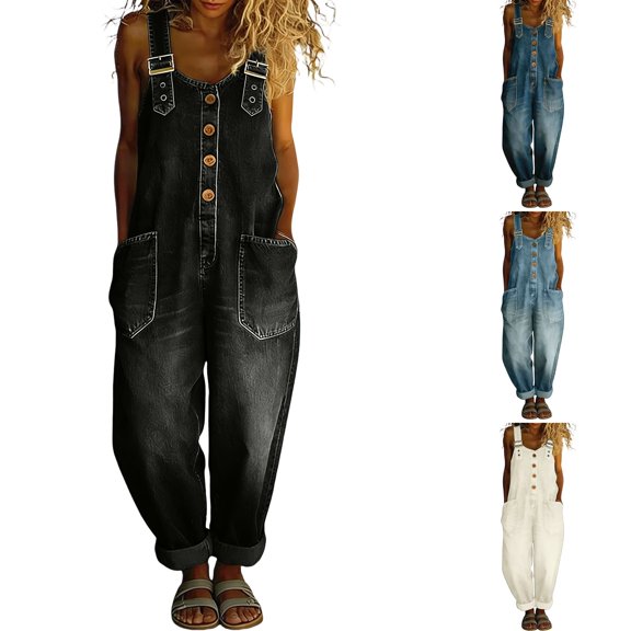 WULMLEO Womens Denim Jeans Vintage Y2k Button Front Wide Leg One Piece Pants Casual Cute Vacation Plus Size Romper with Pockets Black 4XL
