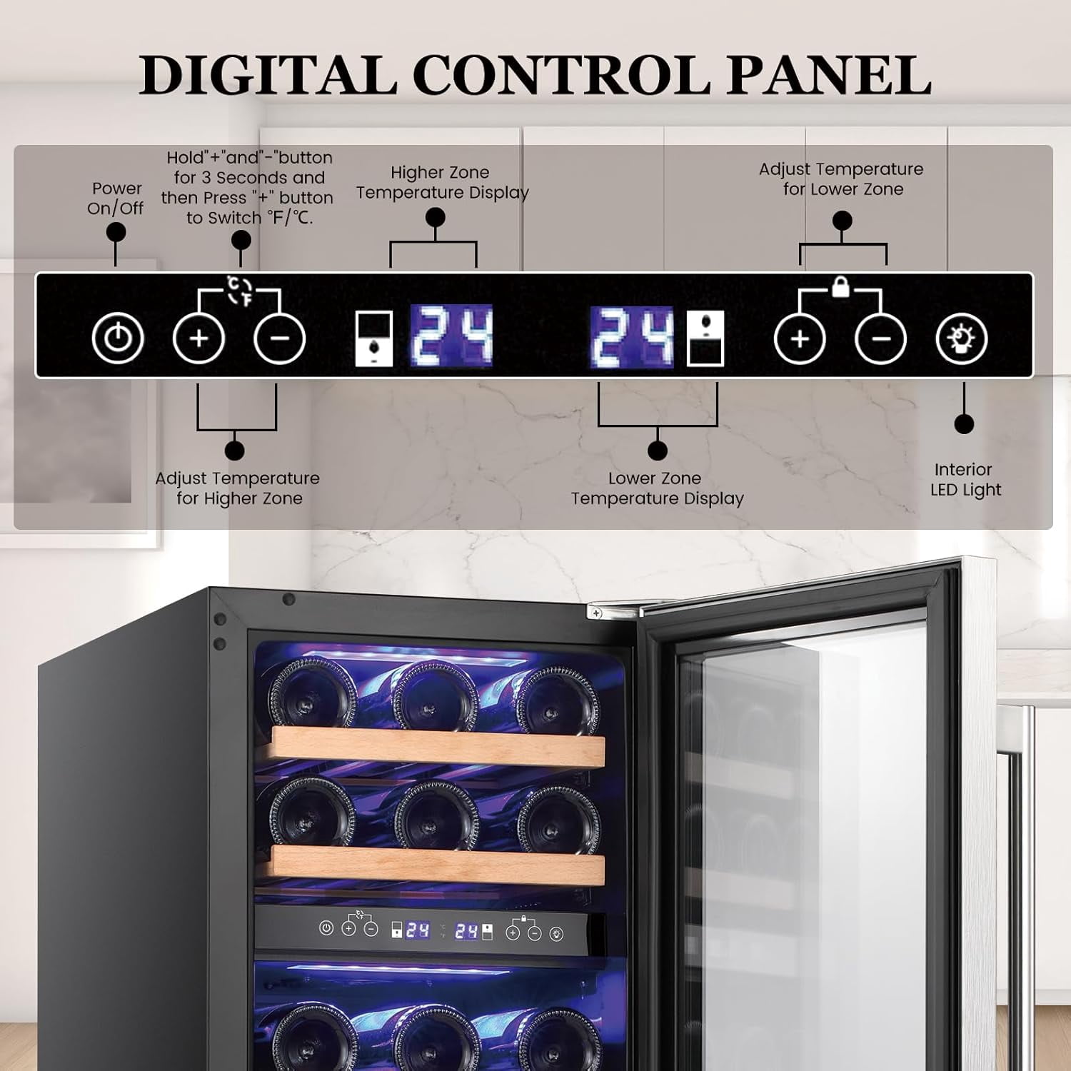 CRZOE 28 Bottle Wine Fridge with Lock, 15 Inch Wine Refrigerator for Red, White, Champagne, Beer, Dual Temperature Zone, Built-In or Freestanding, Wood Shelves, Stainless Steel Glass Door