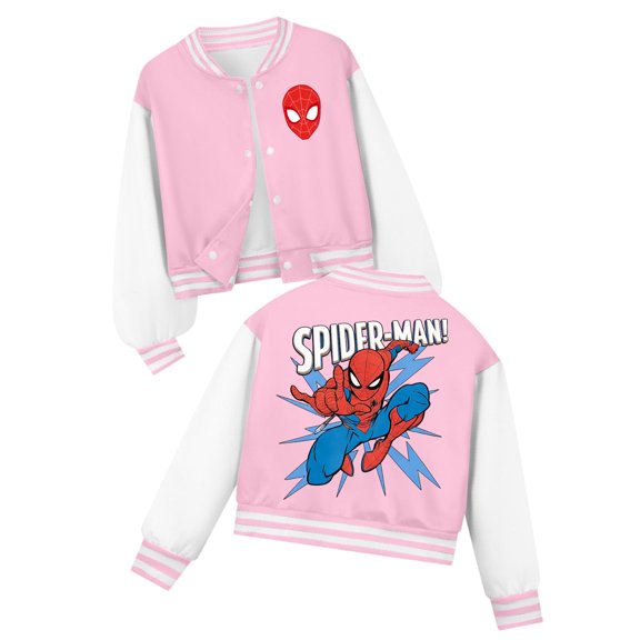 Spider Hero Varsity Jacket, Button-Up Baseball Style with Masked Hero Front & Back Graphic, Kids Casual Superhero Outerwear for Comic Con