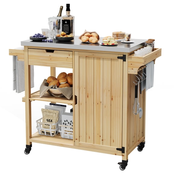 Outdoor Grill Cart & Rolling Kitchen Island with Stainless Steel Top, Storage Cabinet, Drawer, Spice Rack, Open Shelves & Wheels - Portable Patio Bar Cart for BBQ Food Prep, Natural