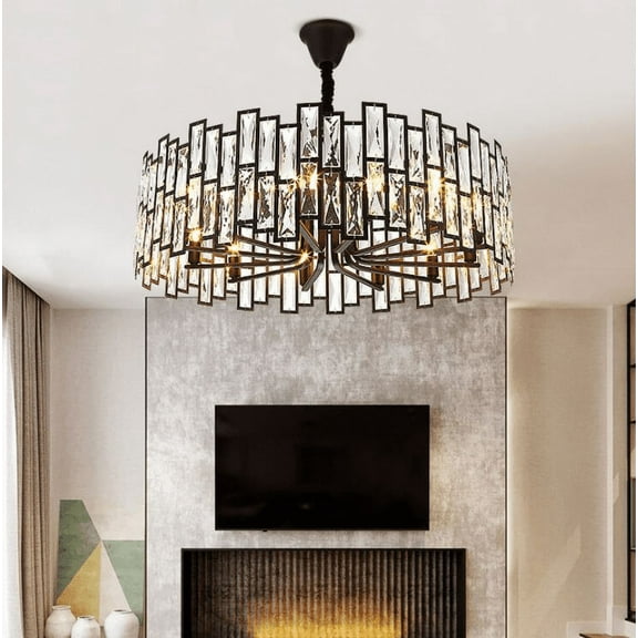 KPIBEST 23.6” 6-Light Modern Crystal Chandeliers Black Dinning Room Light Fixture, Round Pendant Light Kitchen Island Chandelier, Flush Mount Ceiling Light for Living Room Entryway Bedroom Foyer