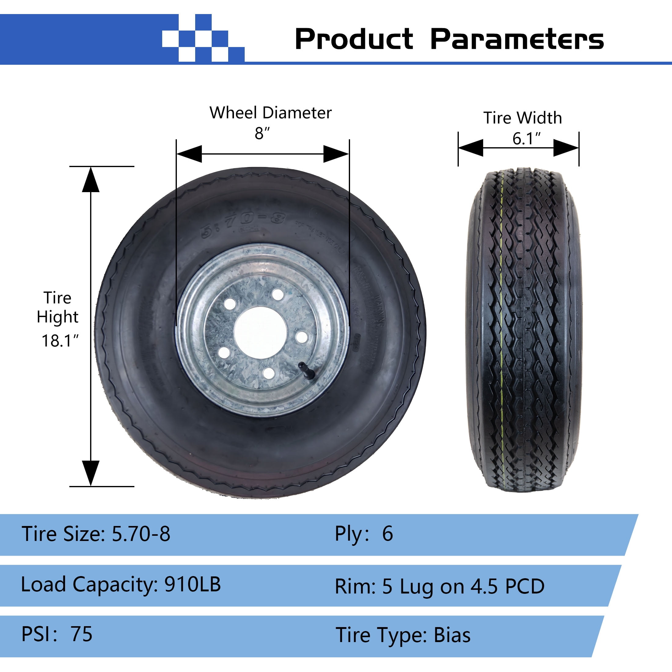 Hi-Run 2 Set SU02 5.70-8 6PR Boat Trailer Tire and Galvanized 5-Lug Wheel Assembly