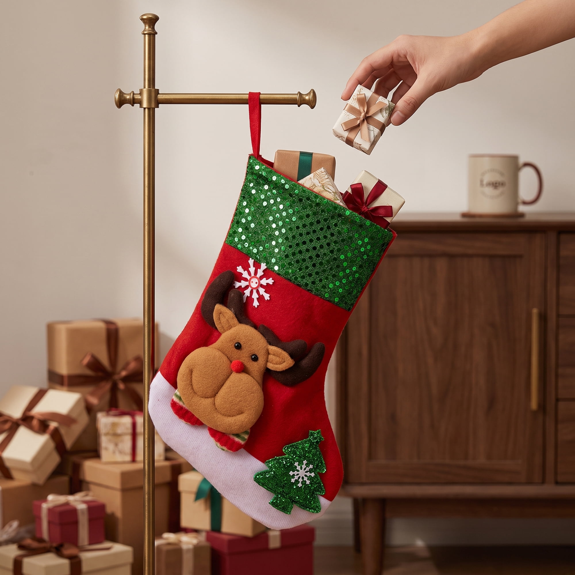 Unique Bargains Christmas Sequins Cuff Felt Xmas Stocking Holiday Gift Bag Deer 10"