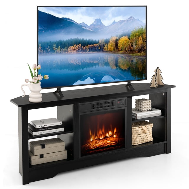 Gymax Meuble TV avec Cheminée Électrique 58 Pieds' 1400W Luminosité Réglable Noir