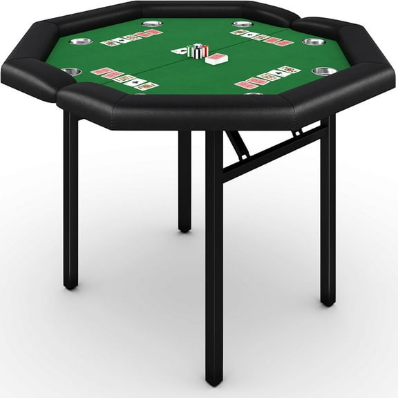 Ataujin Octagon Gaming Table, 48" Folding Poker Table with 8 Players, Protable Folding Game Table Padded Rails & Stainless Steel Cup Holders, Octagon Casino Table for Texas Holdem Games