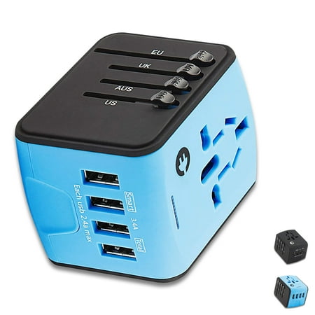 

Travel Power Adapter Universal International High Speed 2.4A 4xUSB All in One Wall Charger for Europe UK US AU Blue