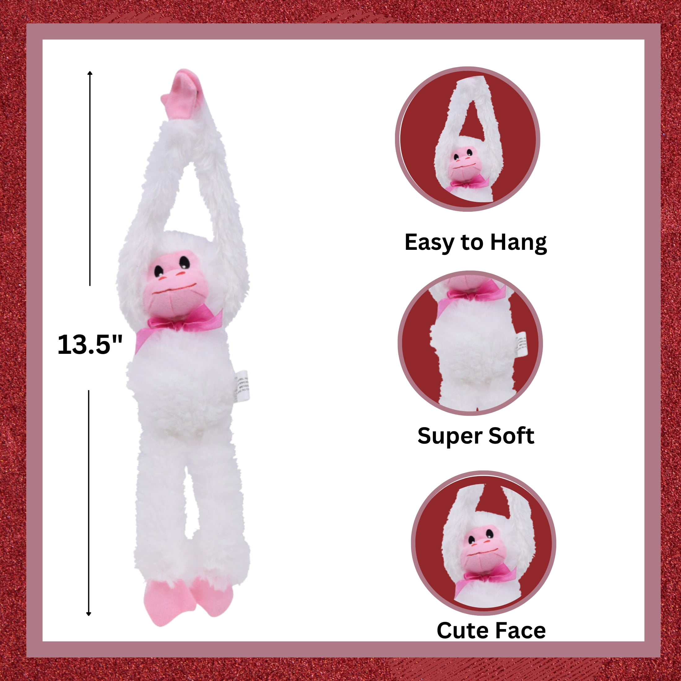 Happy Easter Plush Hanging Monkey 13.5in, Animal Soft Plushie Spring Birthday Party Favor & Gifts Home Living Room Car Decor Set of 3 (Pink, Red, White) CUSTOM Storage Carrier
