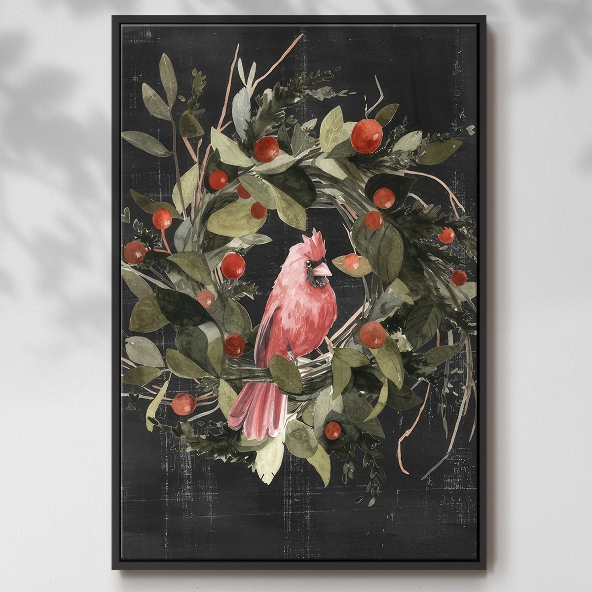 Christmas Cardinal II - Framed Gallery Wrapped Holiday Canvas - 17 x 25 - Black Frame
