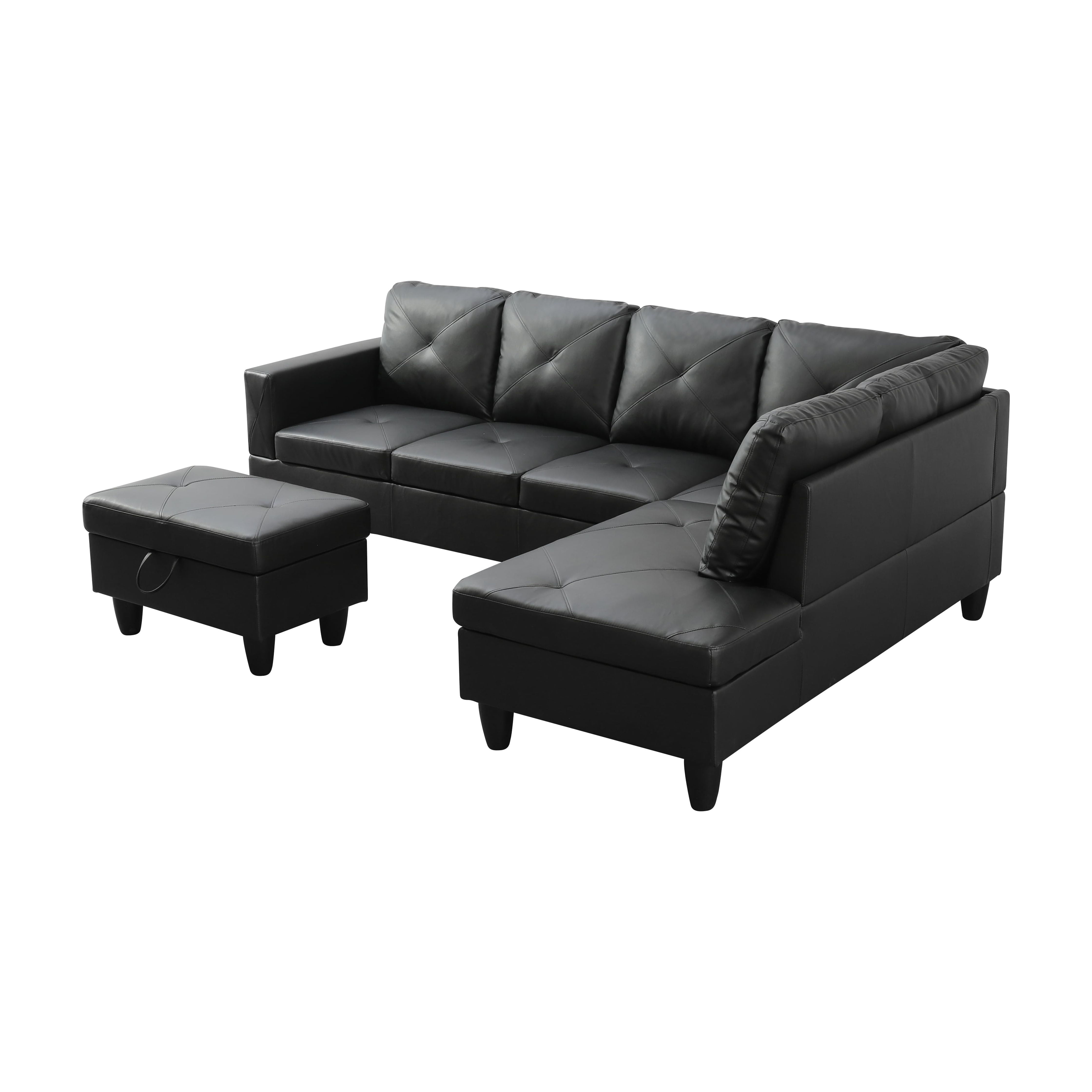 MAYEERTY 97" Faux Leather Sectional Couches, 3-Piece Modular Sofa Set with Reversible Chaise & Storage Ottoman, Black (Right)