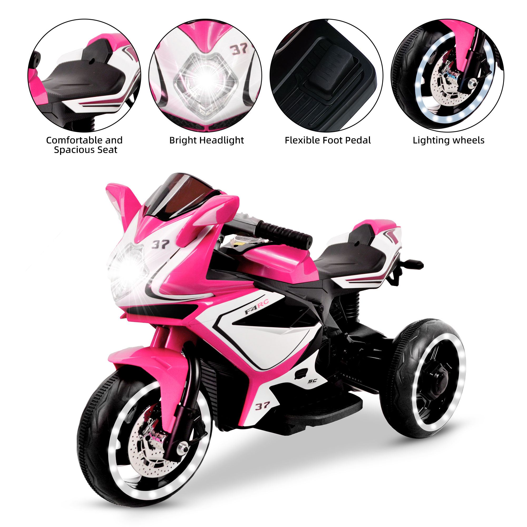 Tamco 6V Kids Ride on Motorcycle, Battery Power Ride on Motorcycle Toy with Music Play, Bluetooth, LED Light, 3 Wheels Electric Motorcycle for Boys & Girls 3-5 Yrs Toddlers, Pink