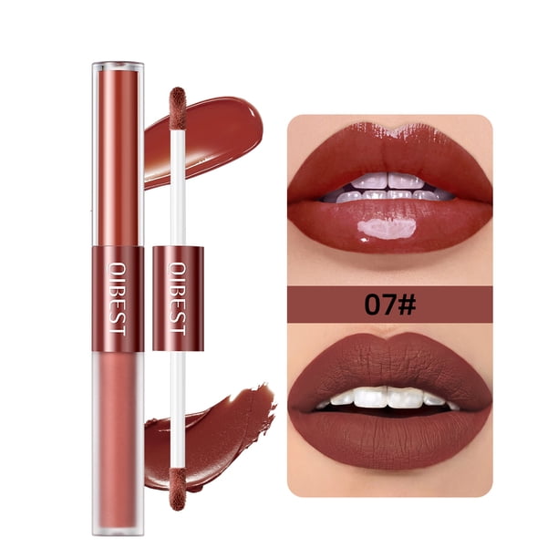 QIBEST lápiz labial líquido mate 2 en 1, brillo de labios de espejo, cosmético impermeable, esmalte de labios de doble cabeza, tinte de labios de larga duración, maquillaje