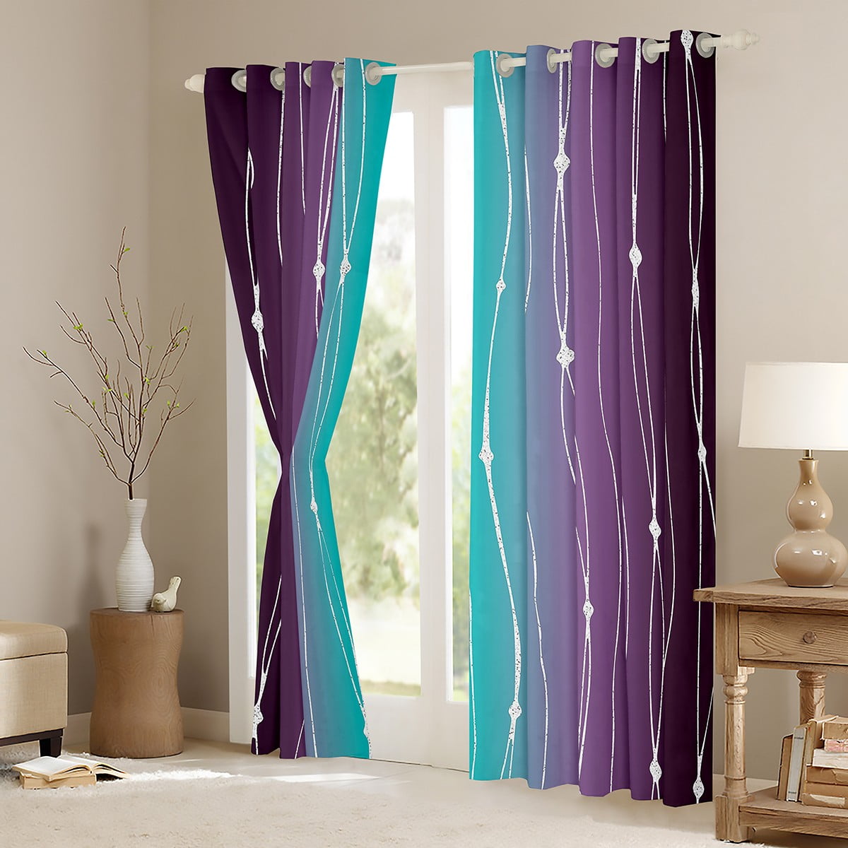 Erosebridal Teal Gradient Curtains & Drapes Purple Ombre Blackout Curtains, Rainbow Watercolor Curtains Geometric Wave Black Out Curtains, Abstract Lines Window Drapes Home Decorations