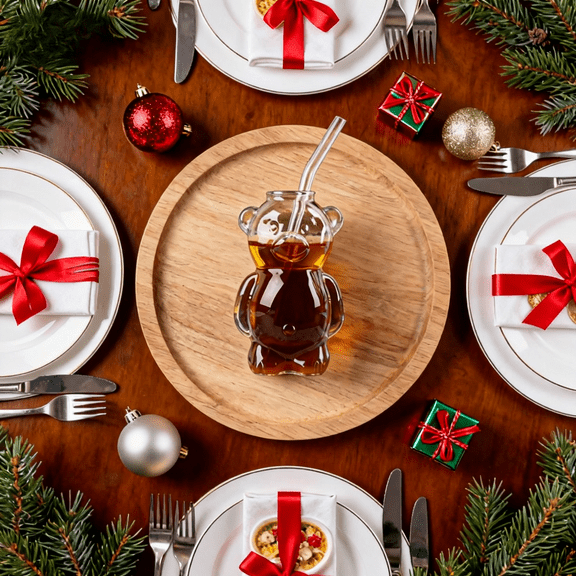 Holiday Bear-Shaped Glass Cold Cup, 11oz with Straw, Ideal for Iced Coffee, Cold Brews, Cocktails, Perfect Christmas Gift for Drinkware Collectors,(1 Bear Cup with Straw)