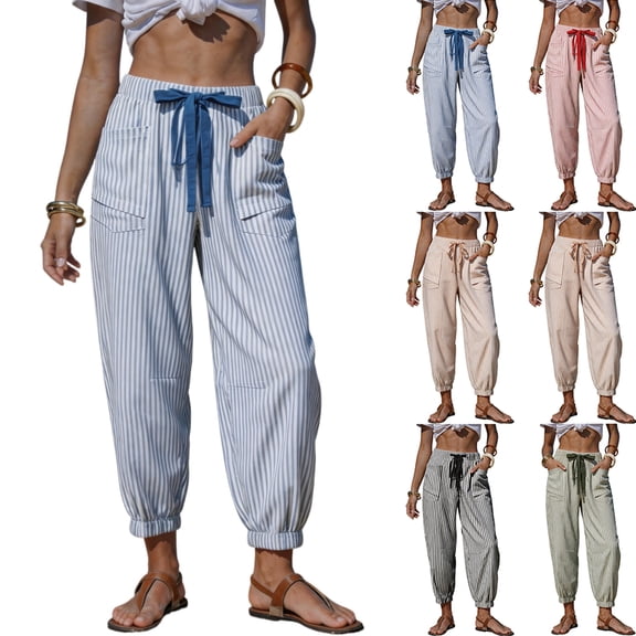 Womens Summer Striped Barrel Pants Comfy Drawstring Cropped Pant with Pockets Beach Vacation Elastic Waisted Trousers Green 2XL