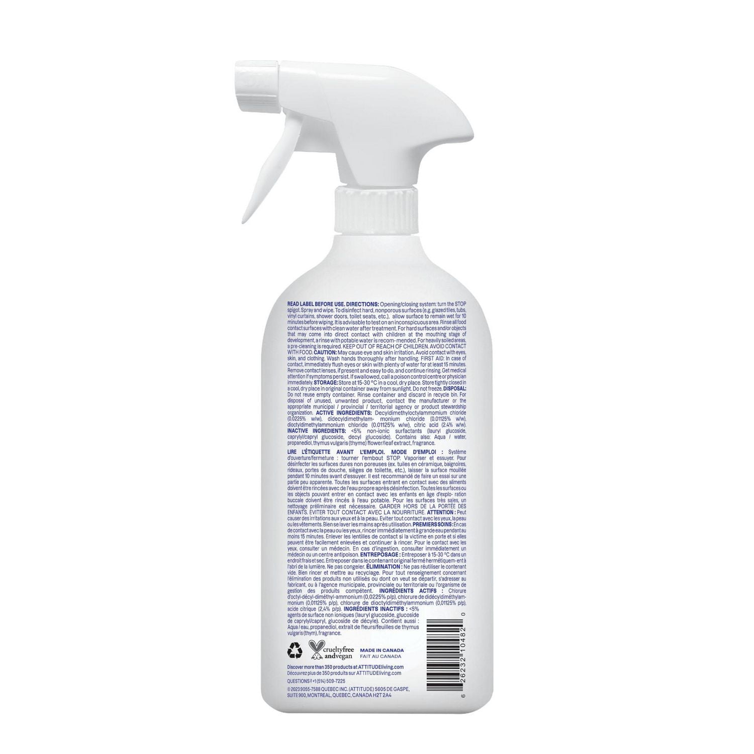 ATTITUDE home+ technology, Nettoyant Salle de Bain Désinfectant 99,99 %, Lavande et Thym 800 ml