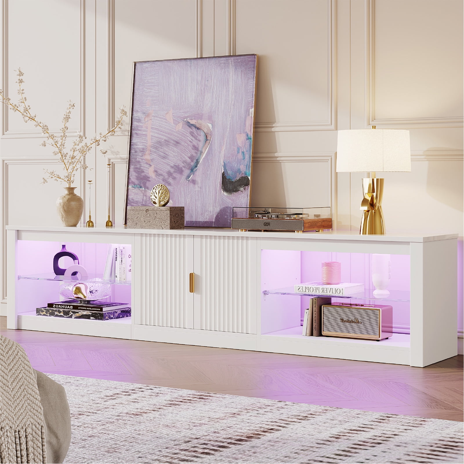 Bestier 80 inch TV Stand for TVs up to 85", High Gloss Entertainment Center with LED Lights & Storage Cabinet, Modern Fluted TV Console, White