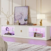 Bestier 80 inch TV Stand for TVs up to 85, High Gloss Entertainment Center with LED Lights & Storage Cabinet, Modern Fluted TV Console, White