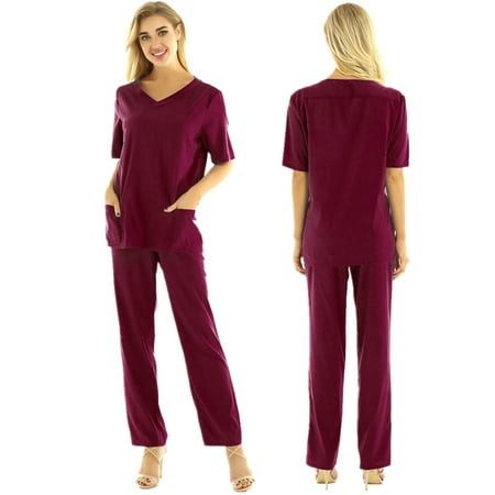 

iiniim Women s V-Neck Top and Pant Scrubs Medical Uniform Two Piece Short Sleeve Shirts Outfit
