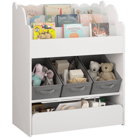 Bookshelf for Kids, 3-Tier Montessori Bookcase with 3 Fabric Storage Bins and Drawer, Wooden Bookshelf and Toy Storage Organizer for Kids Room, Bedroom, Nursery, Kindergarten